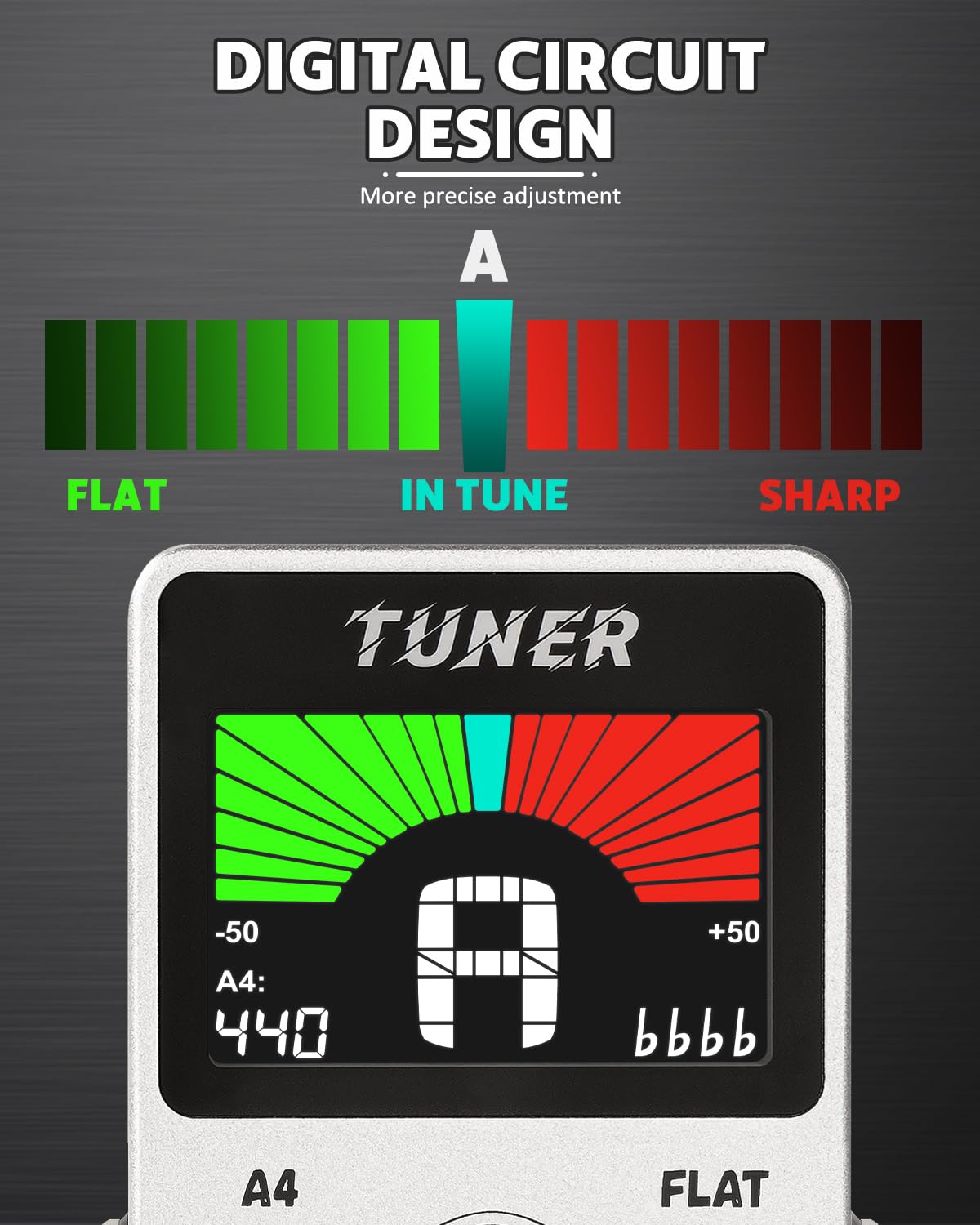STRICH Tuner Pedal with a Power Supply, Compact with Large Color Screen - Precision Chromatic Drop Tuning, 430-450Hz A4, True Bypass for Electric Guitar & Bass, Silver