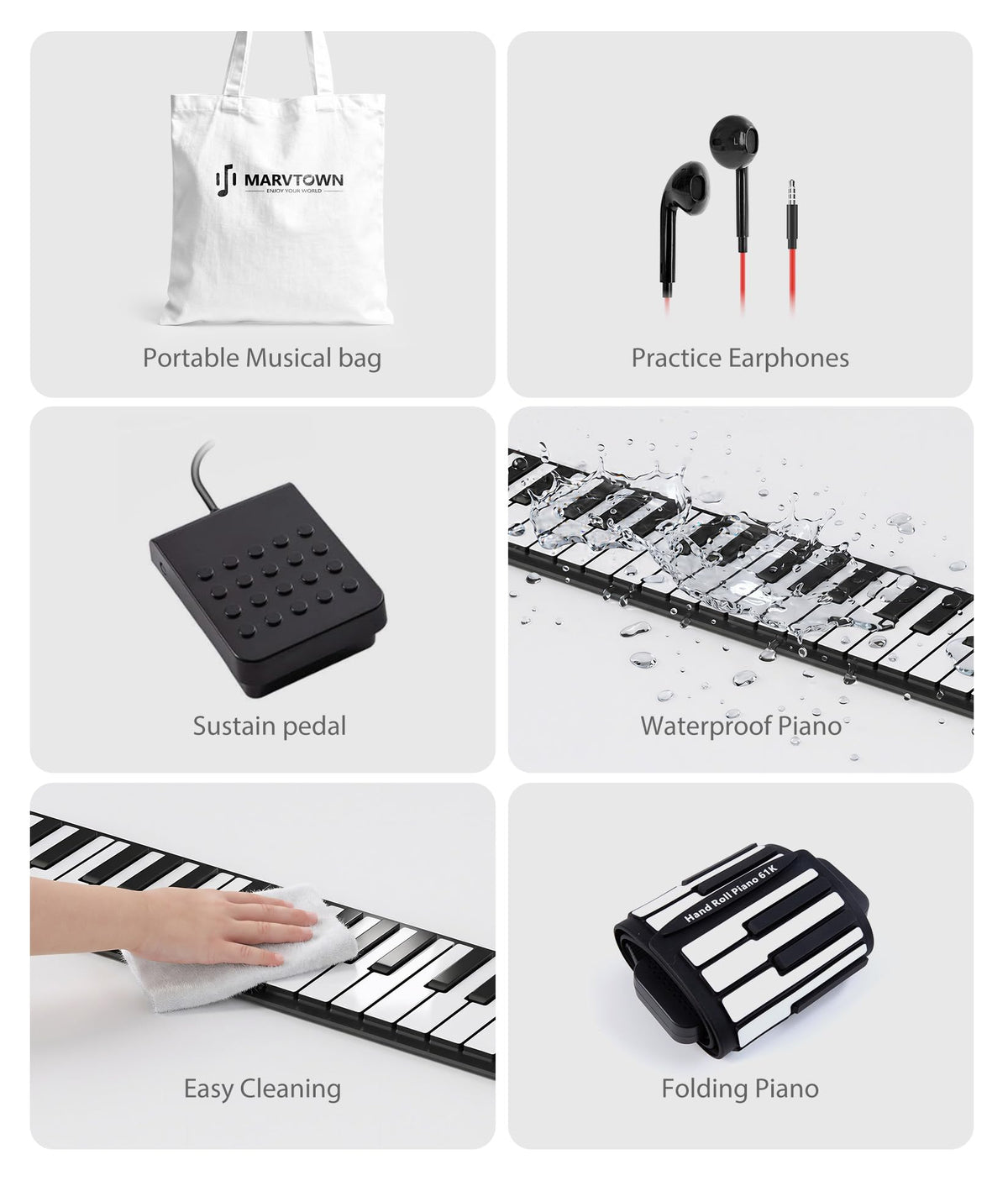 MARVTOWN 61Key Portable Small Roll Up Piano Keyboard For Kids,Foldable Flexible Electric Keyboard Piano with HIFI Speaker,14 Demo Songs,128 Tones,Earphones,USB-C Charging Best Gift For Beginner Travel