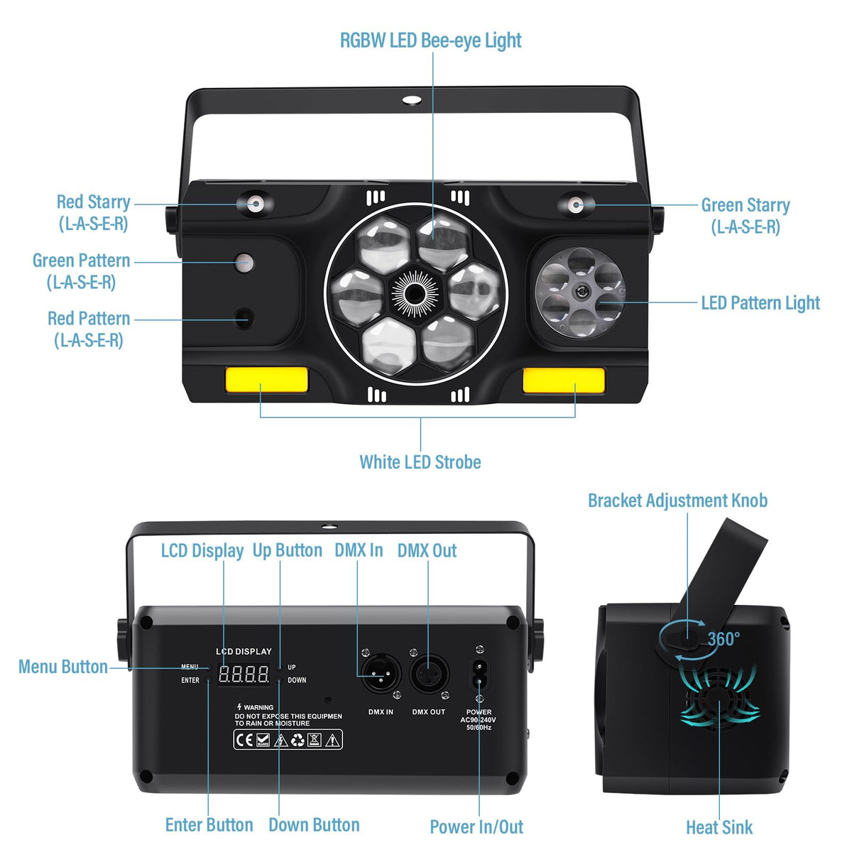 Telbum DJ Party Lights, 80W 6IN1 LED DJ Disco Light DMX & Remote Control, RGBW Bee-Eye Effect - Multi Patterns - White Strobe Effect, Sound Activated Stage Light for Wedding Dance Gig Bar Rave