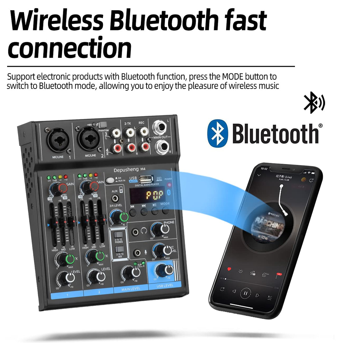 4 Channel USB Interface Mixer, DJ Sound Controller Mini Mixer Professional Digital Audio Portable Sound Mixing Console with Sound Card & Bluetooth Function for PC Recording - Depusheng M4, Black
