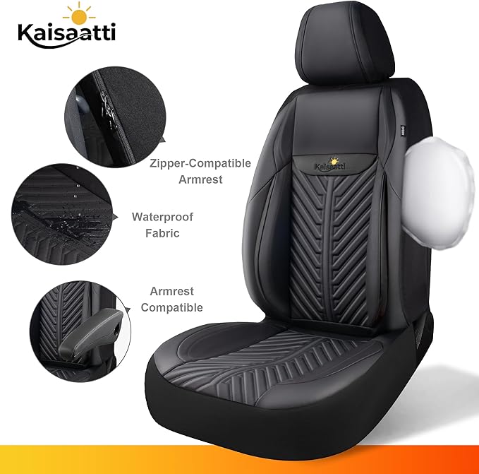 PU Leather Car Seat Covers Front Set – Waterproof seat Cover for Cars，3D Foam Support Automotive seat Covers ，Airbag Compatible, Universal Fit for Cars SUVs Trucks Sedans（Black）