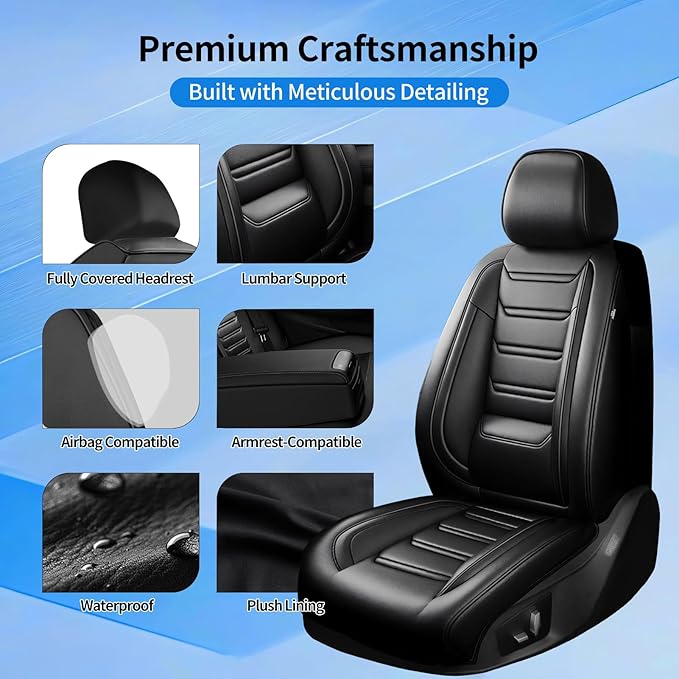 Fit Civic Car Seat Covers (2 Row 5 Seats) for Select Honda Civic 2020-2026 Sedan(Not for Coupe) - Premium Full Coverage Leather, Waterproof All Weather Breathable Seat Cushion Protector, Black