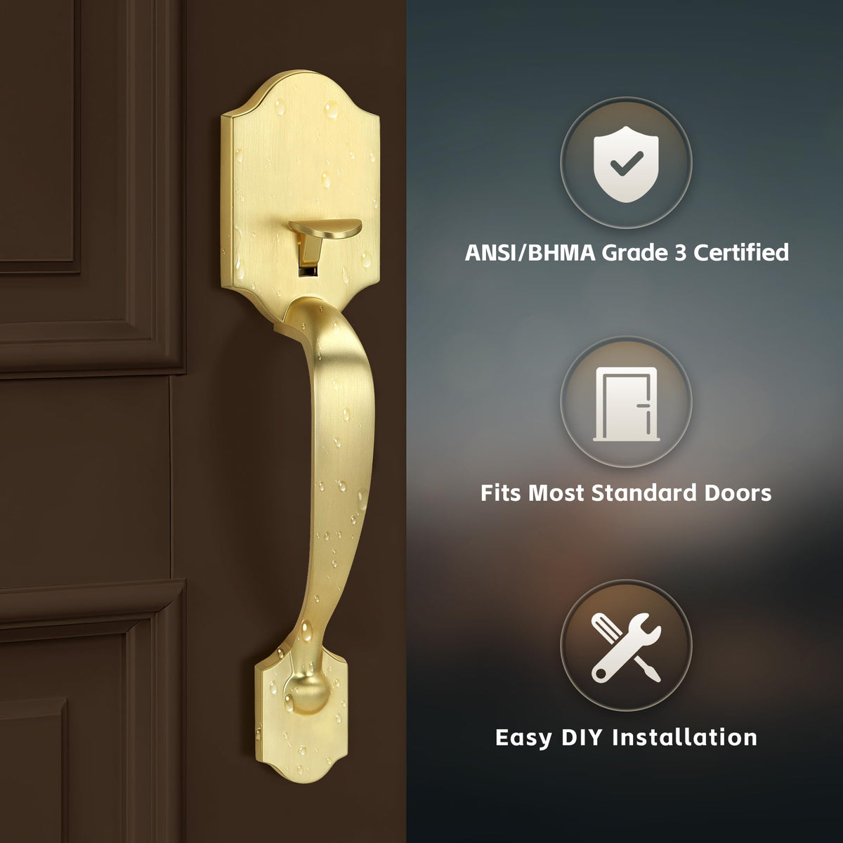 Gaurqiah Gold Front Door Handle Set with Passage Lever, Deadbolt Not Included,Exterior Door Handleset for Single Cylinder or Smart Deadbolts, Satin Brass