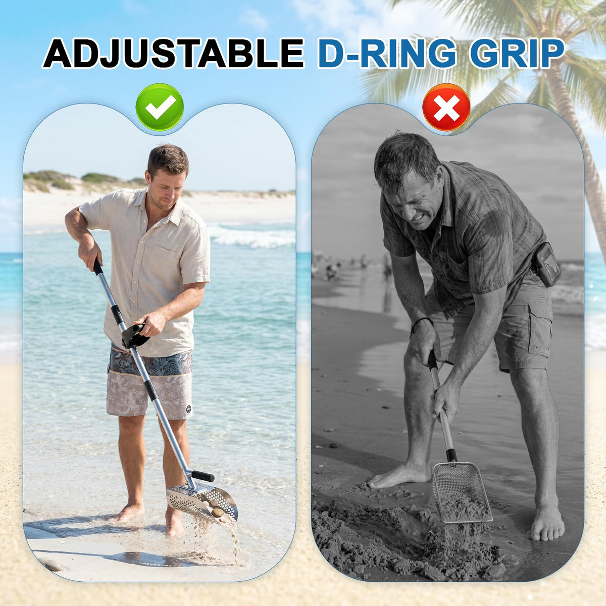 Long Handle Sand Scoop, Stainless Steel Shovel Scoop for Metal Detecting for Adults, Shovel Underwater Treasure Hunting, Adjustable Length, Handheld with Long Steel Handle Pole Design, 45 Inches