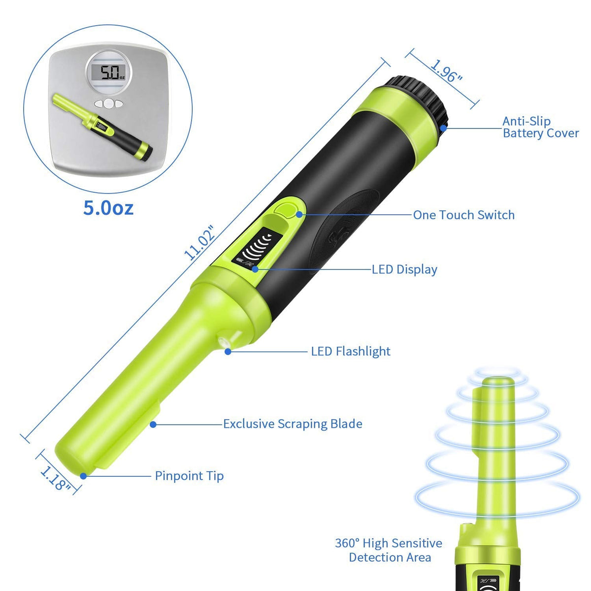 Fully Waterproof LCD Display Pinpointing Gold Metal Detector with LED Flashlight,360 Degree Searching Pinpointer,IP68 Underwater to 3m/9.8feet Treasure Hunter for Adults and Kids, Three Modes,Green