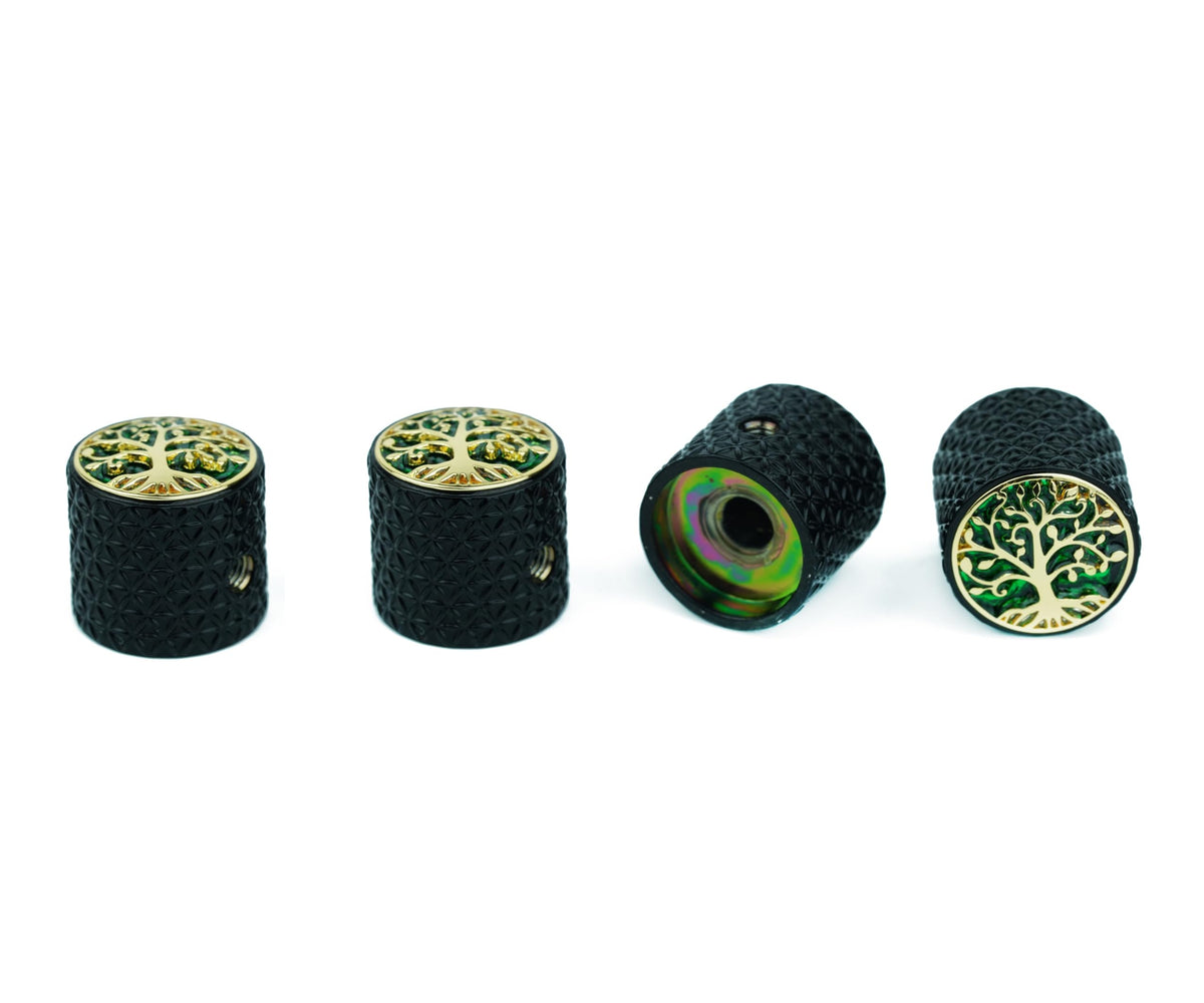 guyker Guitar Control Knobs, 4Pcs Dia. 6mm Zinc Alloy Dome Volume Tone Potentiometer Caps Button with Tree of Life Top for Electric Guitar Bass Accessories, CKB026 black gold