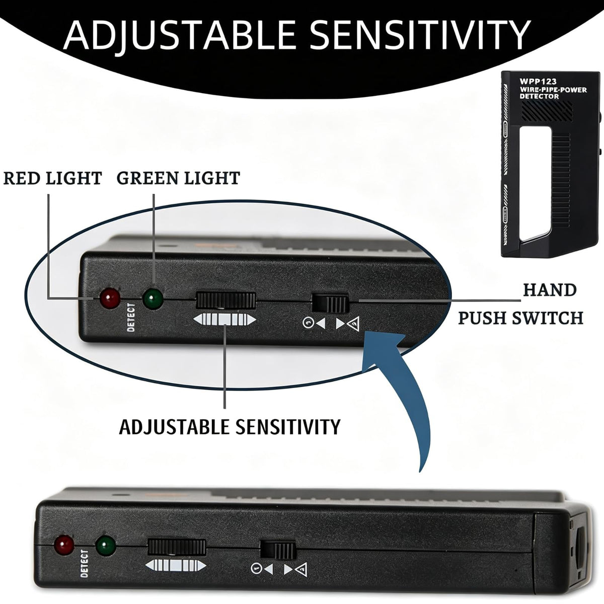 High-Sensitivity Wall Scanner & Metal Detector - Adjustable Alert for Pipes and Wires - Multifunctional Stud Finder for Adults - Durable Plastic Design (Black, Model WPP123)