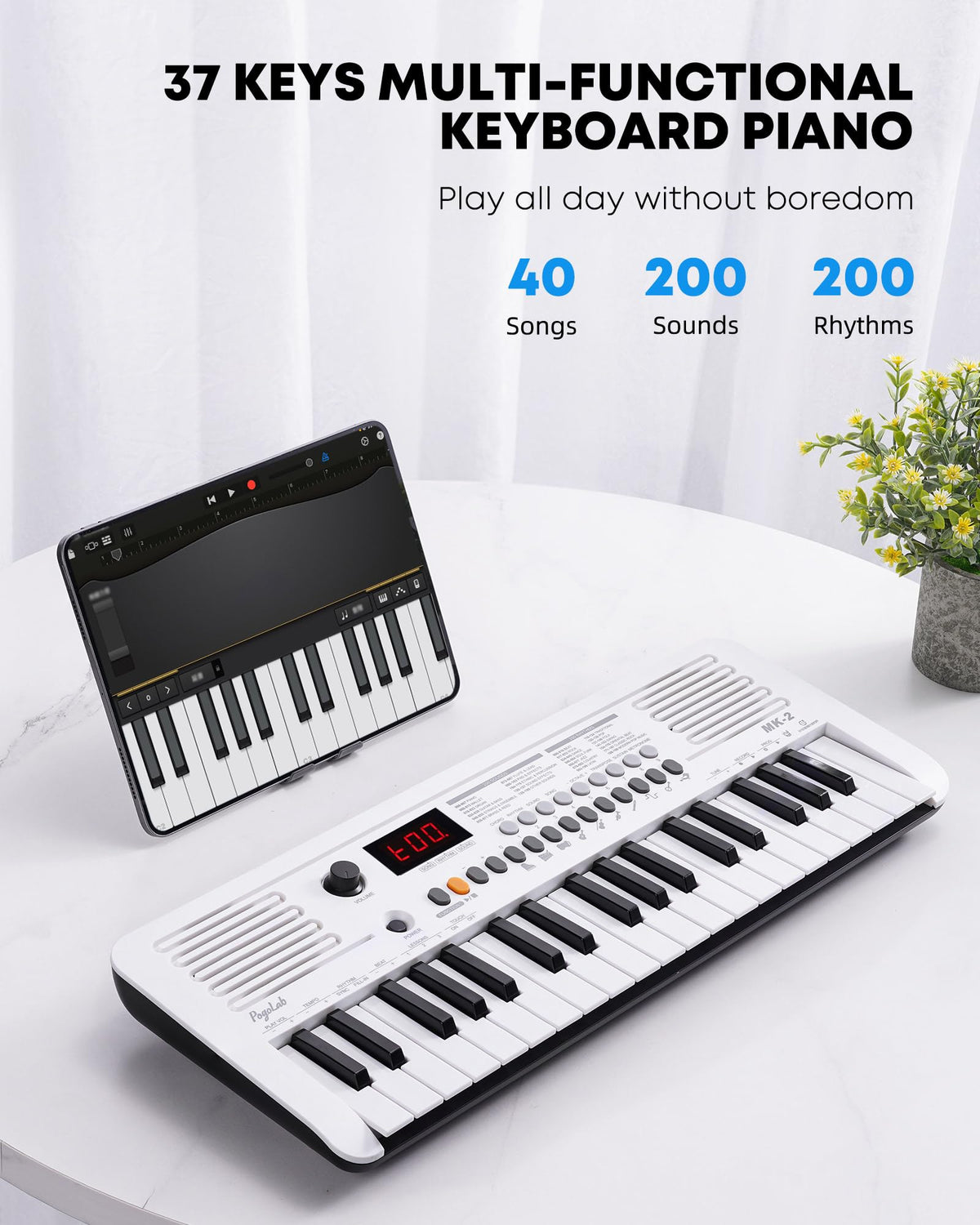 POGOLAB MK-2 37 Keys Kids Keyboard Piano, Portable Small Keyboard with 40 Songs, 200 Sounds, with MIDI Function, LED Display & Dual Speakers, Compact Mini Music Piano for Kids/Beginners (White)