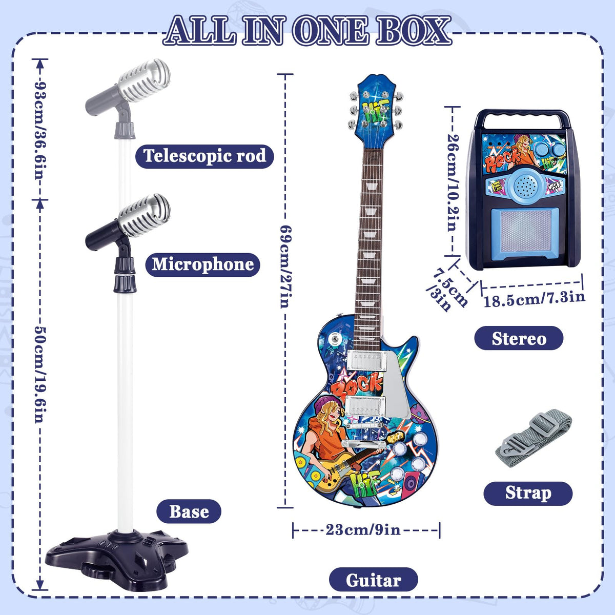 deAO Kids Electric Musical Guitar Play Set,Adjustable Height Microphone,Amplifier Set with Stand, Musical Guitar Play Set,Microphone, Amp, AUX, Birthday for Kids Boys Girls (Blue)