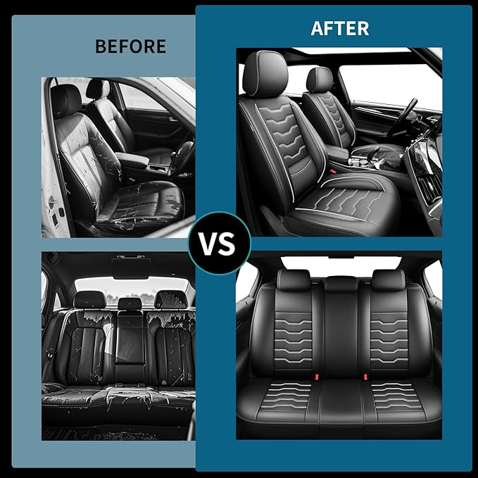 Fit Frontier Car Seat Covers Premium Leather for Nissan Frontier 2009-2025 2026. Waterproof， Breathable, Scratch-Resistant & All-Weather Seat Cushion Protector（Full Set,White Line Black