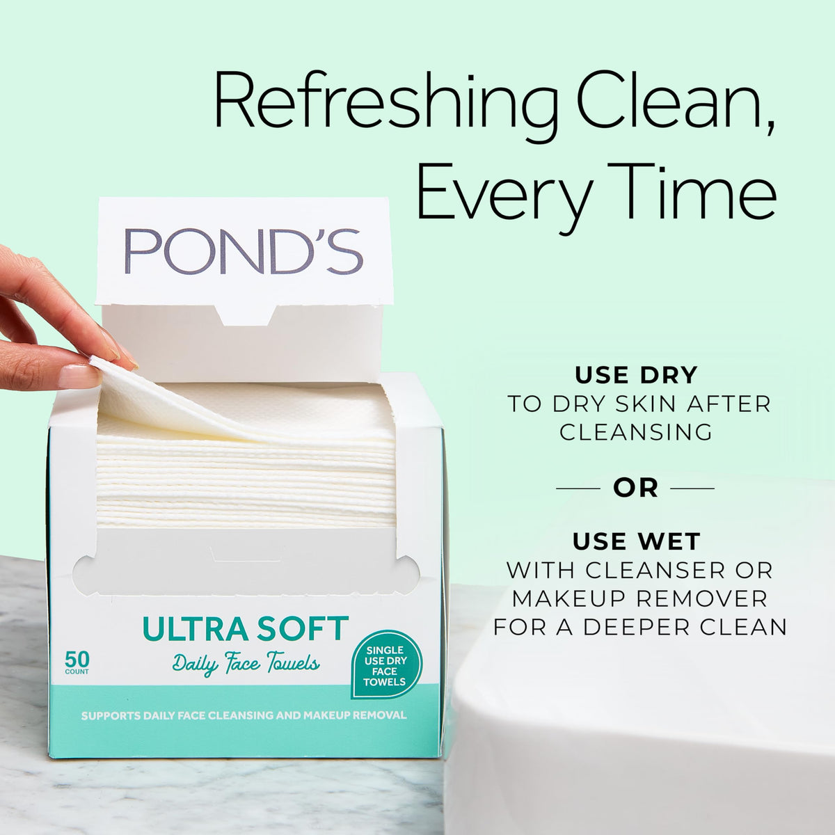 POND’S Ultra Soft Dry Face Towels, 50 Count, Biobased Disposable Wipes for Makeup Removal, Gently Exfoliating, Durable and Gentle for Sensitive Skin