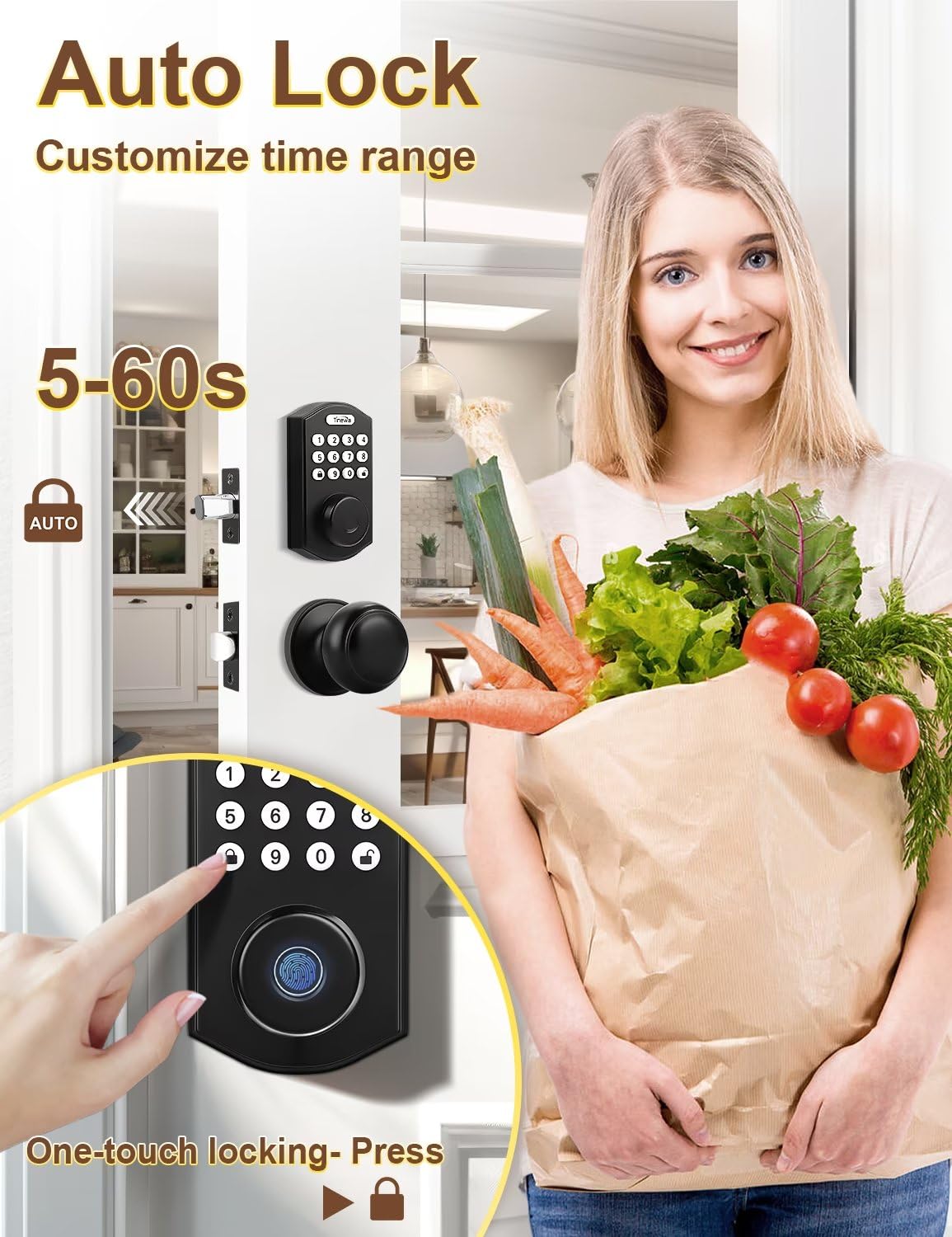 Tinewa Smart Locks for Front Door -Black Keyless Entry Door Lock Deadbolt with Flat Ball Door Knobs, Electronic Digital Keypad Deadbolt with Fingerprint, APP Control, Easy Installation