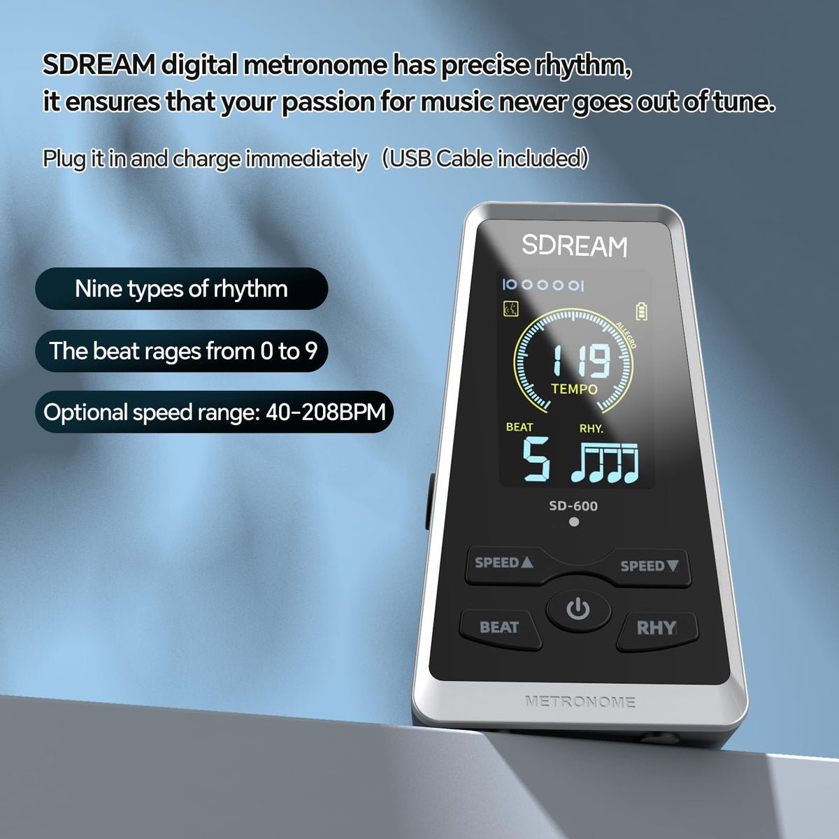 SDREAM Digital Metronome for Piano,Guitar,Violin,Rechargeable LCD Electronic Metronome with Human Voice,Professional Metronome for Beginners & Musicians,Instrument Volume & Beat Speed Adjustable