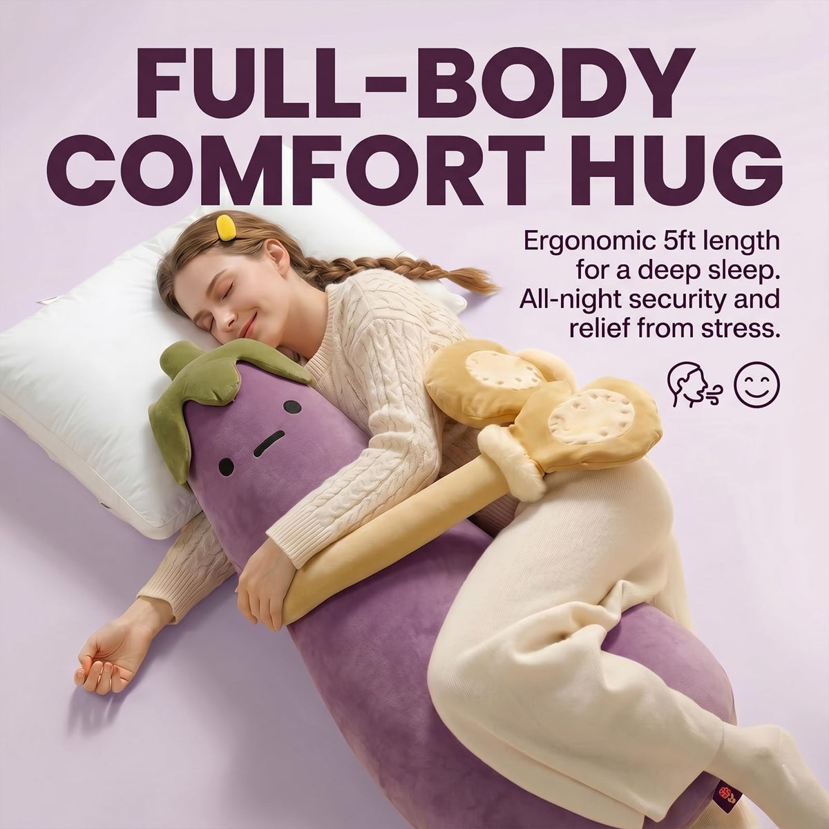 Eggplant Hugging Pillow,Eggplant Patting Pillow with RC Heat&Pat Arm+Bluetooth Voice Recording,Long Leg Hugger Sleep Cuddle Pillows,Adult Ultimate Sleeping Buddy (Tapping Model, S:27 * 7 * 7.5in)