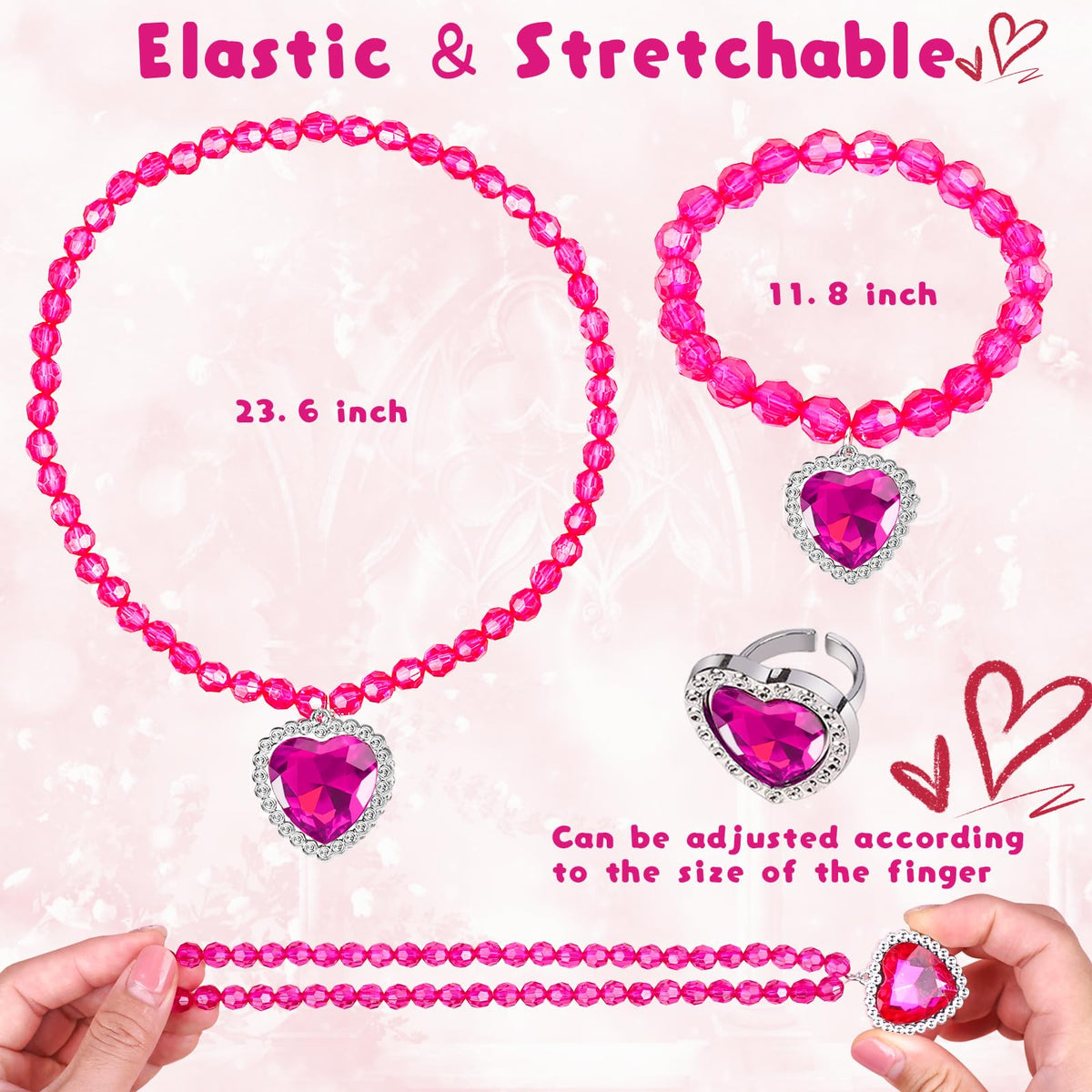 DIZRNOI Princess Jewelry Set for Girls with Colorful Necklace Bracelets Rings Earrings Birthday Gifts Party Favors Pretend Play Dress up Costume Friendship Jewelry for Toddler Girls (Heart)
