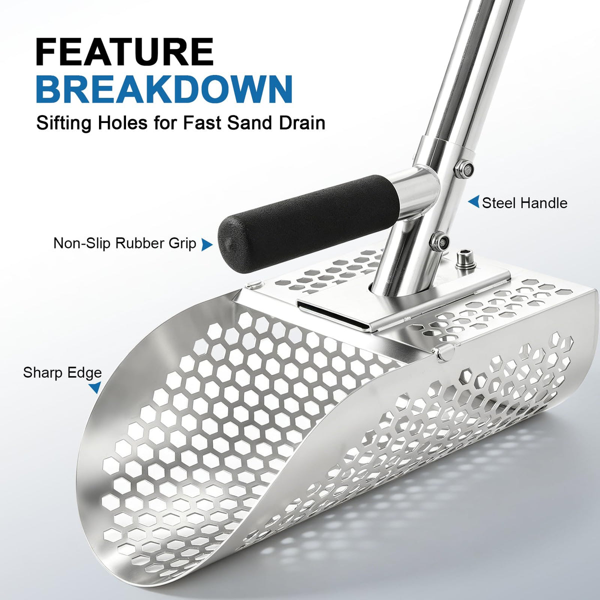 Long Handle Sand Scoop, Stainless Steel Shovel Scoop for Metal Detecting for Adults, Shovel Underwater Treasure Hunting, Adjustable Length, Handheld with Long Steel Handle Pole Design, 45 Inches