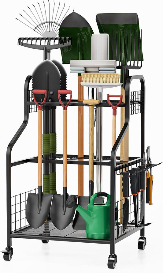 FZK Garden Tool Organizer,Heavy Duty Steel Yard Tool Organizer for Garage,Up to 49 Long-Handled Tools, Garden Tool Storage with Wheels,Garden Tool Organizer for Garage,Black