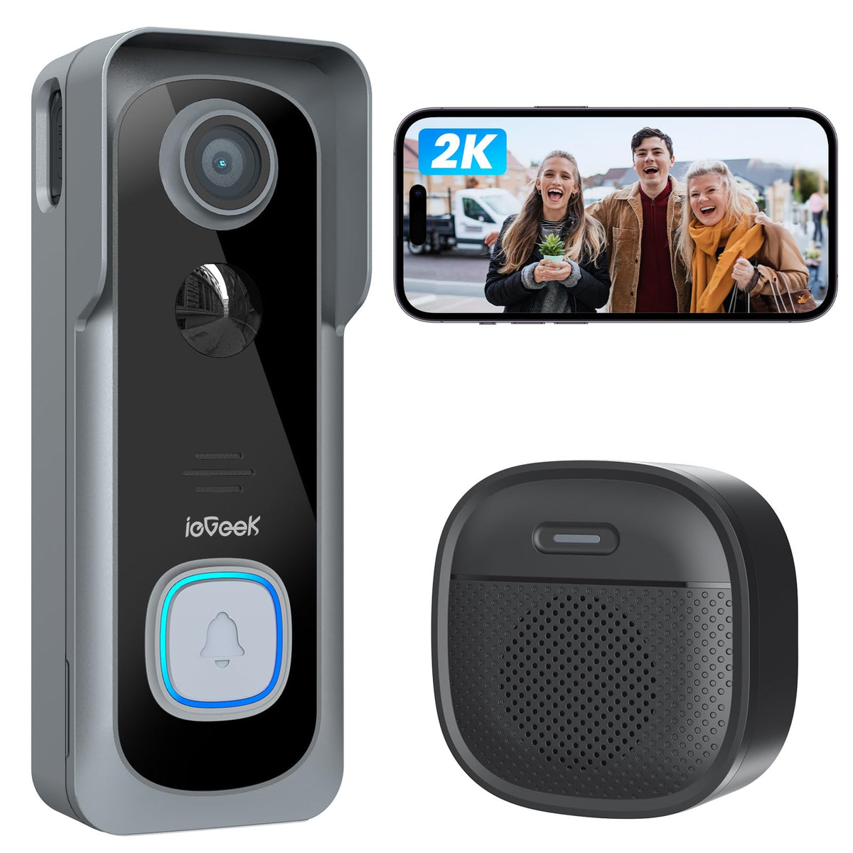 ieGeek Doorbell Camera Wireless No Subscription, 2K HD Ultra-Wide View, PIR Motion Detection 2-Way Talk, Wireless Video Doorbell with Chime, Support Local & Cloud Storage, Only 2.4GHz WiFi, Grey