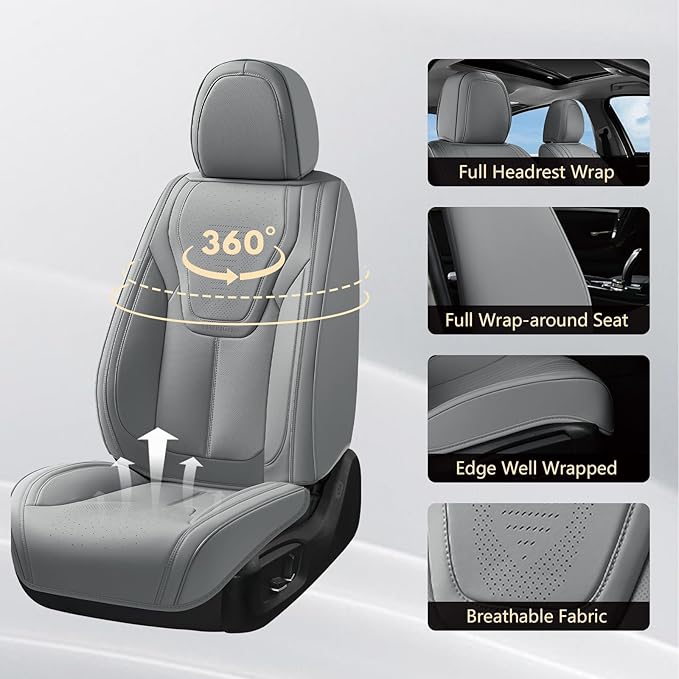 FLORICH Car Seat Cover Full Set, Automotive Seat Covers, Luxury Waterproof Leather Car Seat Protectors, Car Seat Cushions Universal Fit for Most Sedans SUVs Trucks - Grey