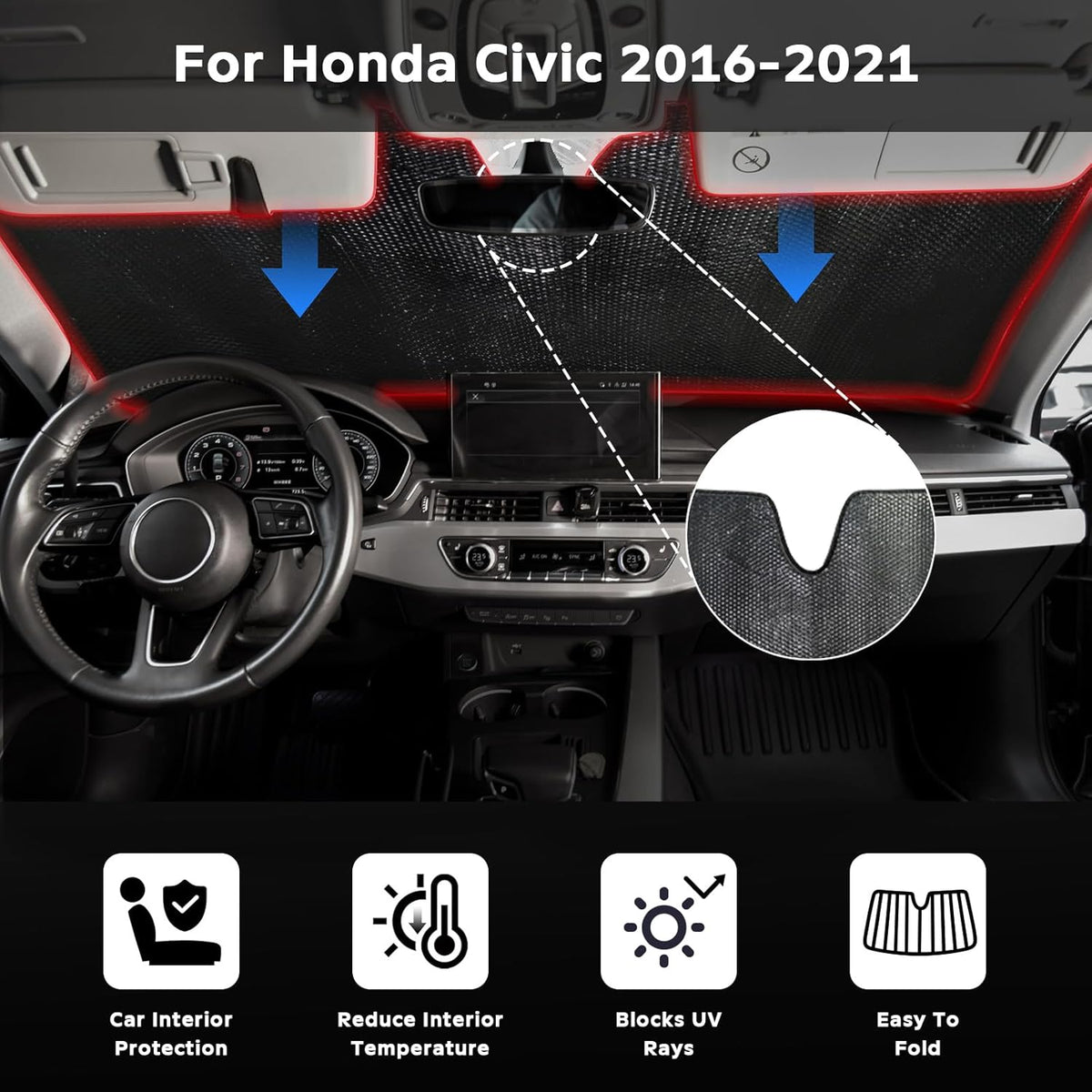 Windshield Sun Shade for Honda Civic 2016-2021 - 5-Layer Bubble Foldable Front Window Shade Sun Visor Accessories - Blocks Heat & UV Rays
