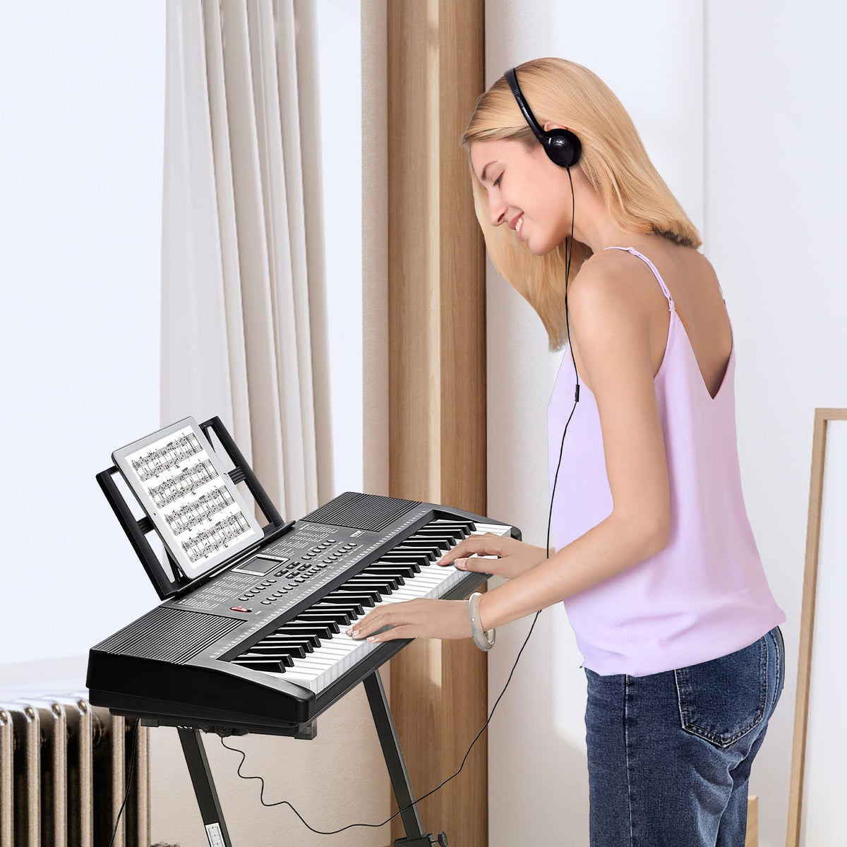 VEVOR 61 Key Digital Keyboard Piano, 200 Tones 200 Rhythms, Electric Portable Piano Keyboard Kit with 60 Demo Songs Built-In Dual Speakers Headphones, Piano Stickers for Beginners Learning