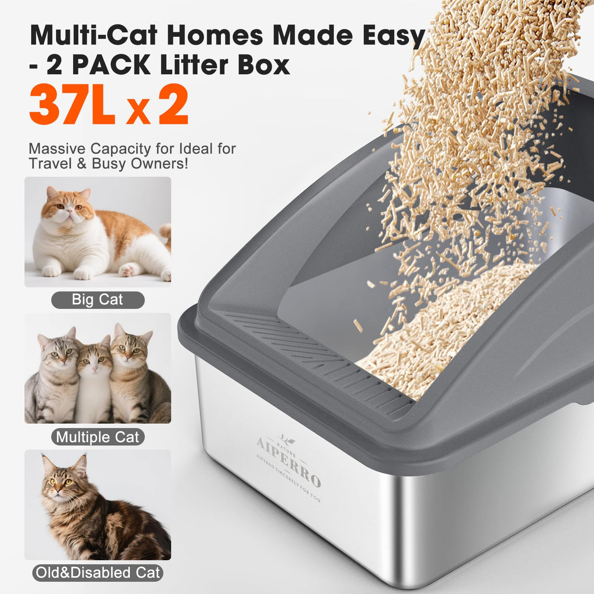 2 Pack Stainless Steel Litter Box | XL Enclosed Cat Litter Boxes with Lid for Big Cats and Multi-Cats | High Sided, Anti-Urine Leakage | Non-Stick Bottom（Dark Gray）