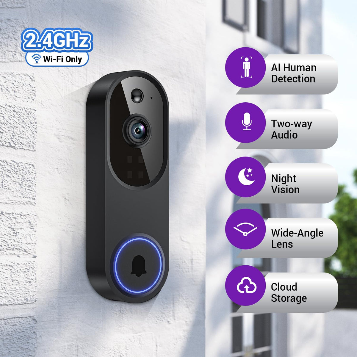 WarmBot 1080p Smart Wi-Fi Doorbell Camera with Doorbell Receiver, AI Motion Detection, Night Vision, Cloud Storage, 2 Way Audio, Battery Powered, 2.4GHz Wi-Fi Only
