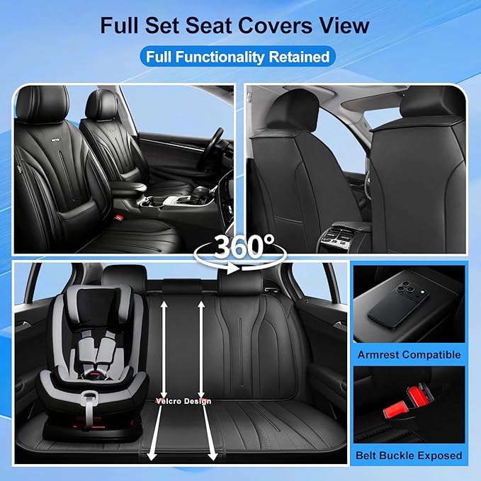 Fit Civic Car Seat Covers (2 Row 5 Seats) for Select Honda Civic 2020-2026 Sedan(Not for Coupe) - Premium Full Coverage Leather, Waterproof All Weather Breathable Seat Cushion Protector, Black