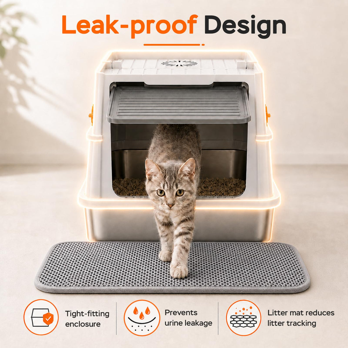 Devopet Stainless Steel Litter Box with Lid, Enclosed Metal Cat Litter Box for Kittens and Small Cats, Odor Control, Easy to Clean, Includes Scoop & Litter Mat