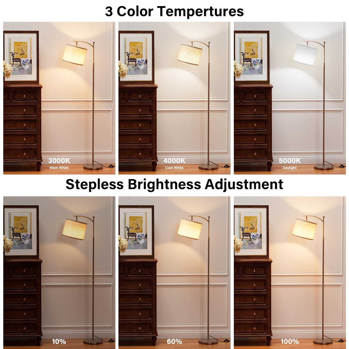 Ambimall 60" Floor Lamp with Remote and Stepless Dimmable Bulb, Brown Pole