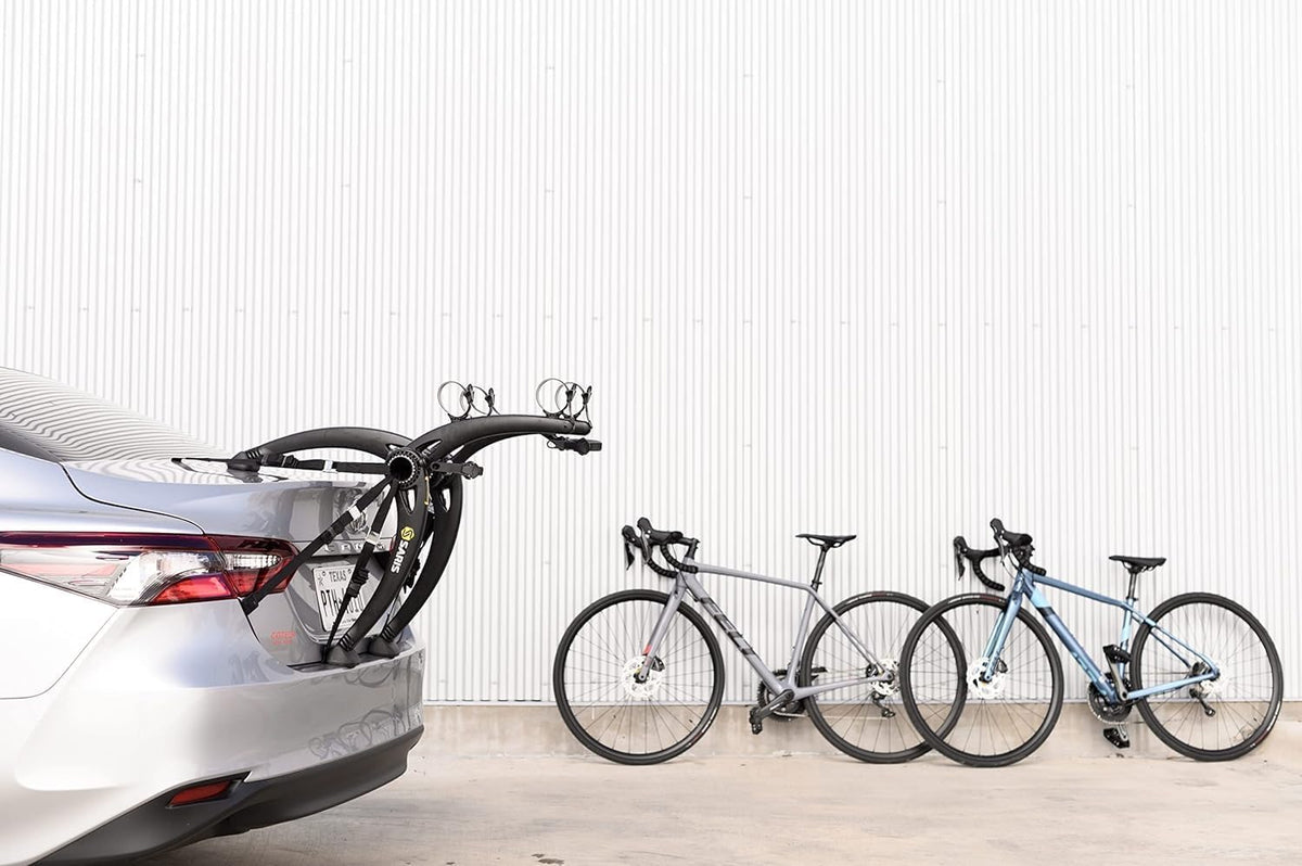 Saris Bones Car Trunk Bicycle Rack Carrier, Mounts 2 Bikes, Black - Durable, Rust-Free, Anti-Sway Straps, Fits Most Vehicles, Made in USA, Arc-Based Design, 100% Recyclable Materials