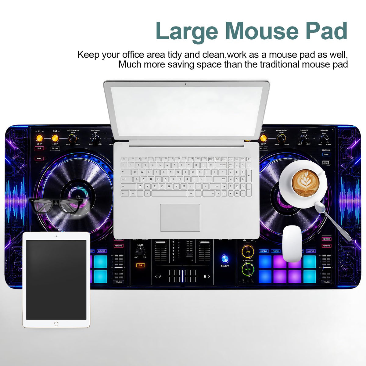 DJ Controller Gaming Mouse Pad 35.4 x 15.7 inch, Neon Music Mixer Desk Mat