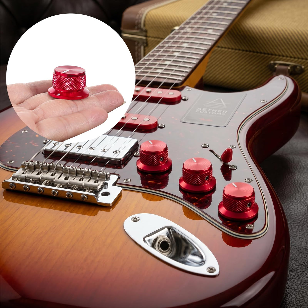 4Pcs Electric Guitar Knobs Red Aluminium Volume Tone Top Hat Speed Control Knob for Les PAU Stracaster Telecaster Tele Guitar Parts (Red)