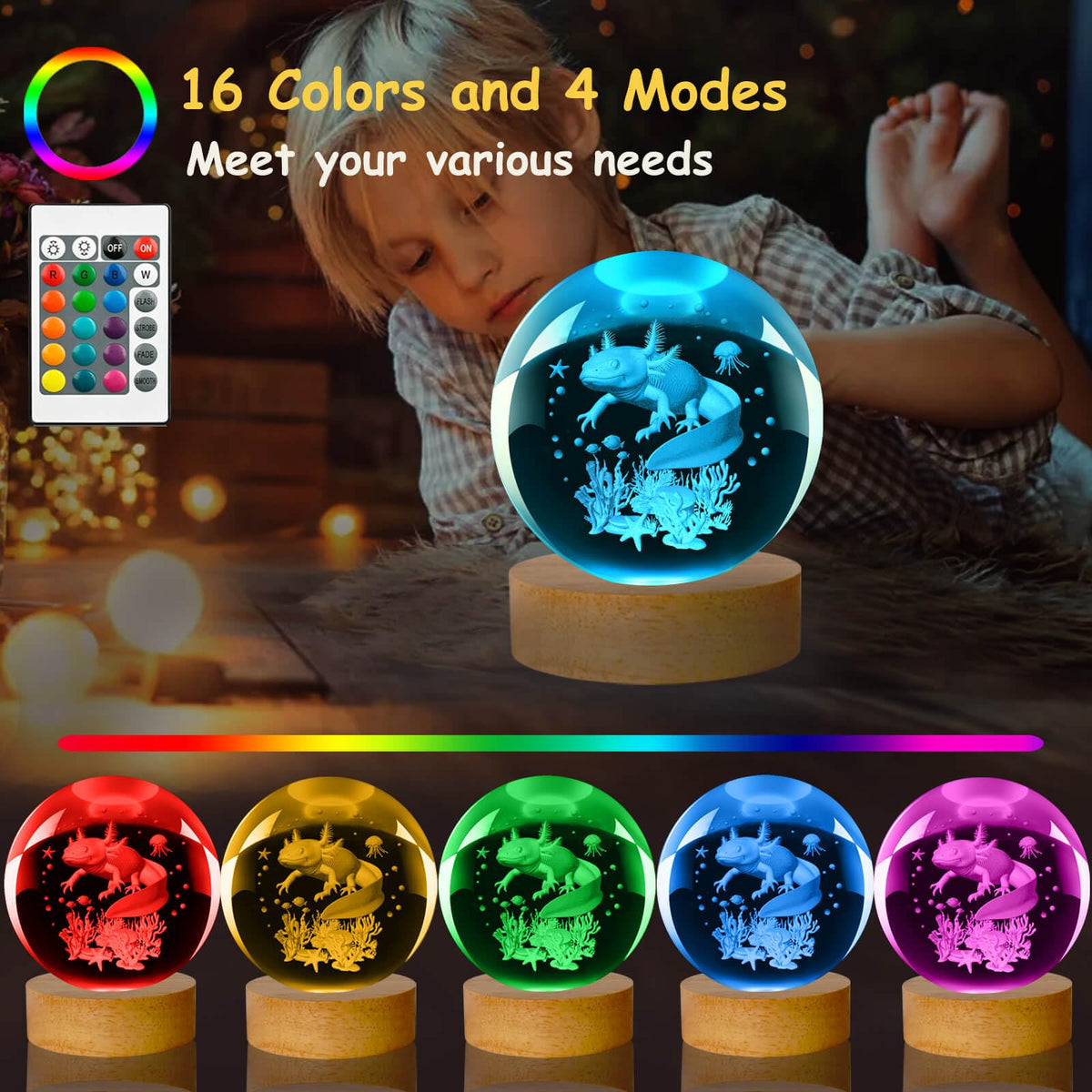 LINSINA Dragon Lamp, 3.15in 16 Colors Crystal Ball Night Light with Wooden Base and Remote Control, Birthday Gift and Dragon Gifts for Women Men Kids (New Axolotl)