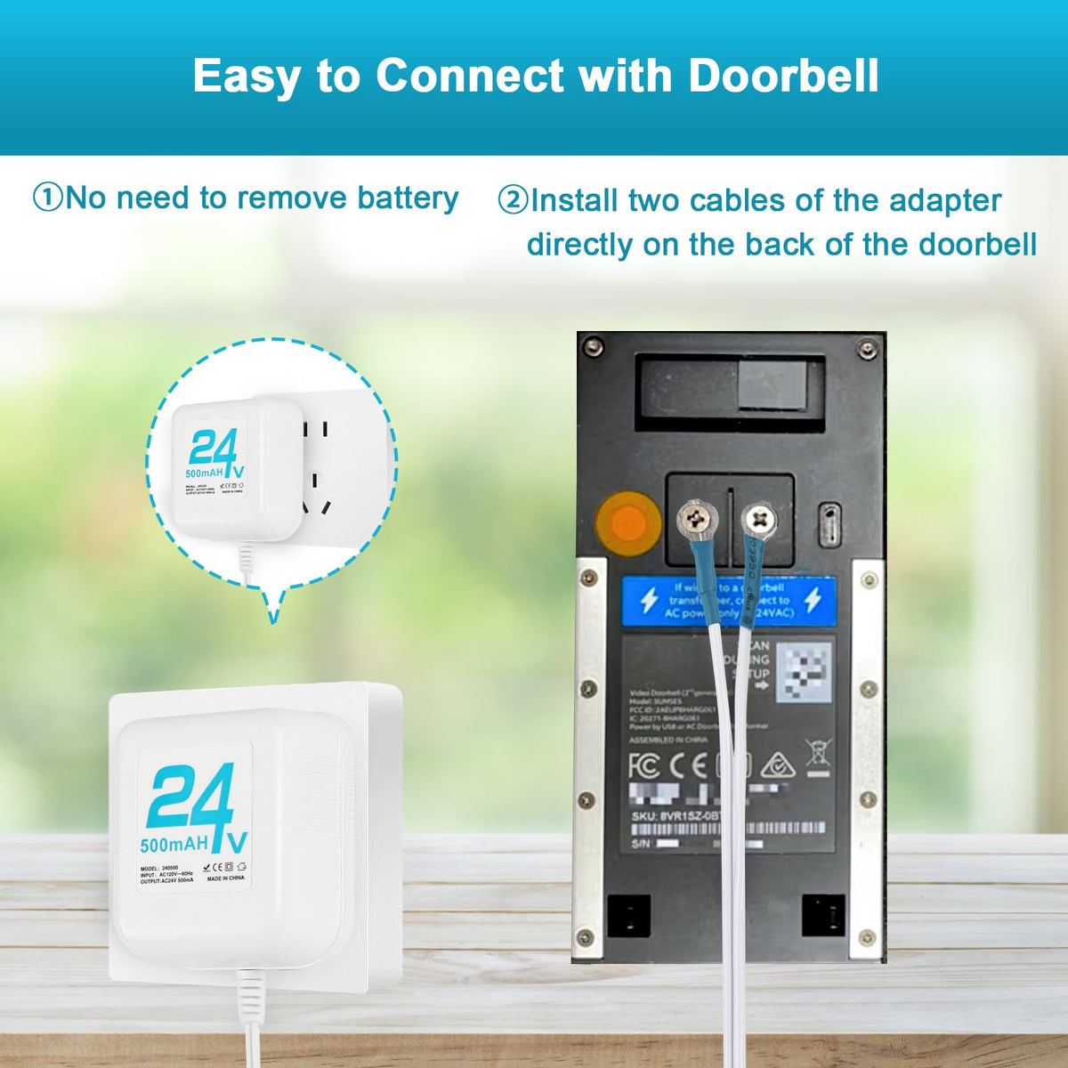 24V Doorbell Transformer, AC Adapter for All Ring Video Doorbell Versions, 16.4ft Doorbell Power Supply, Power Cable Compatible with Ring, Nest, Wyze, and Eufy Doorbells (White)