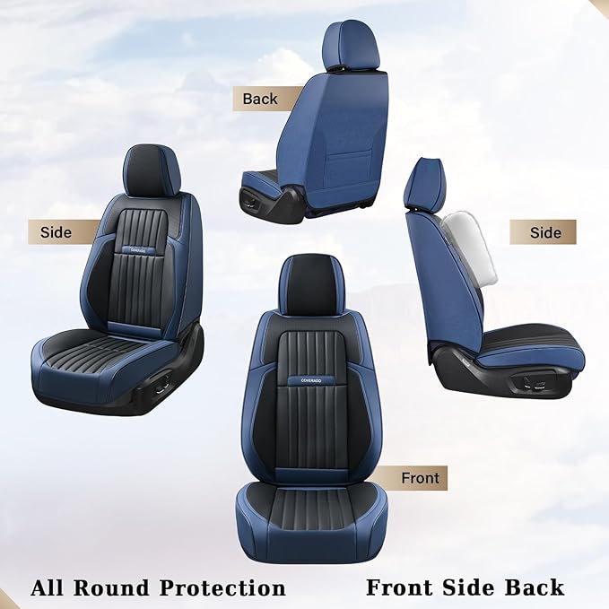 Coverado Car Seat Covers Full Set, Car Seat Protector Car Seat Cushion, Nappa Leather Seat Covers for Cars, Front and Back Seat Protectors Cushions Universal Fit for Most Cars Vehicles(Blue&Black)