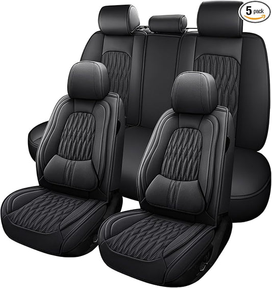 WELLDO Car Seat Covers Full Set, Leather Seat Covers for Car, Waterproof Car Seat Protector with Lumbar Support, Automotive Seat Covers Universal Fit for Most Cars SUV Truck(Black-w02)