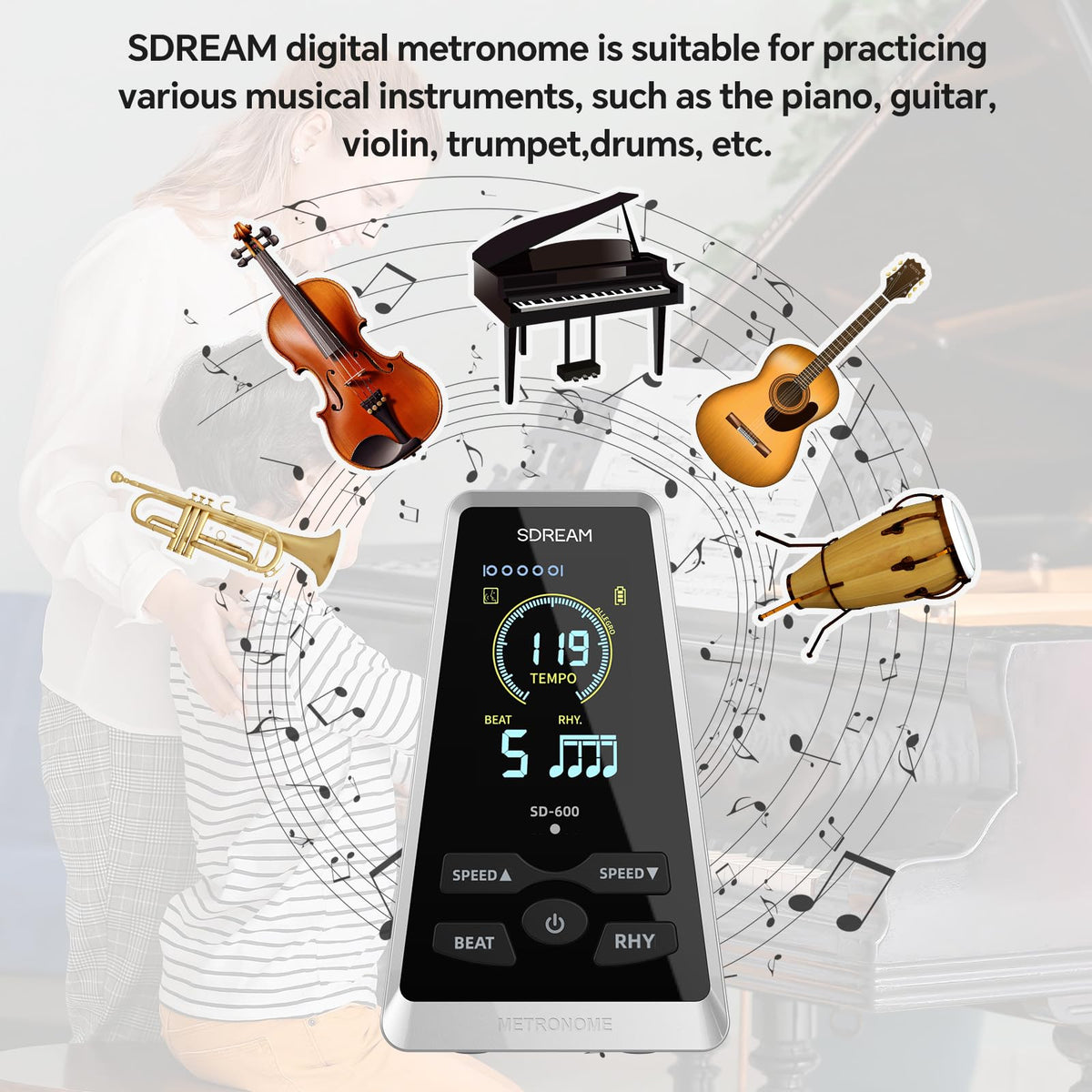 SDREAM Digital Metronome for Piano,Guitar,Violin,Rechargeable LCD Electronic Metronome with Human Voice,Professional Metronome for Beginners & Musicians,Instrument Volume & Beat Speed Adjustable