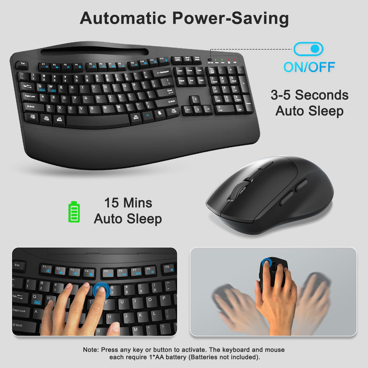 Wireless Keyboard and Mouse Combo, Full Size Ergonomic Wave Keys(Black)