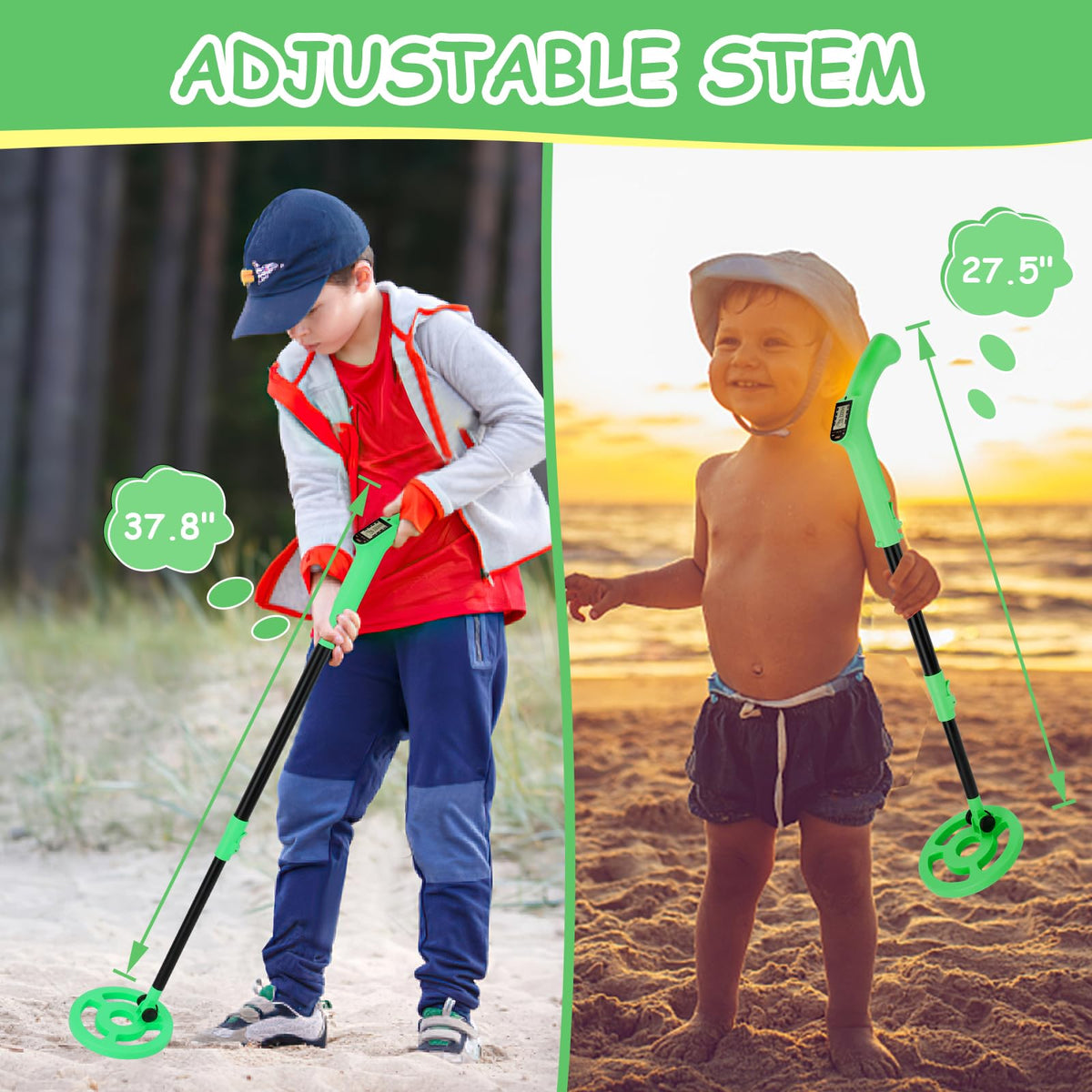 OMMO Kids Metal Detector, Adjustable 27.5"-37.8" with LCD Display (Green)