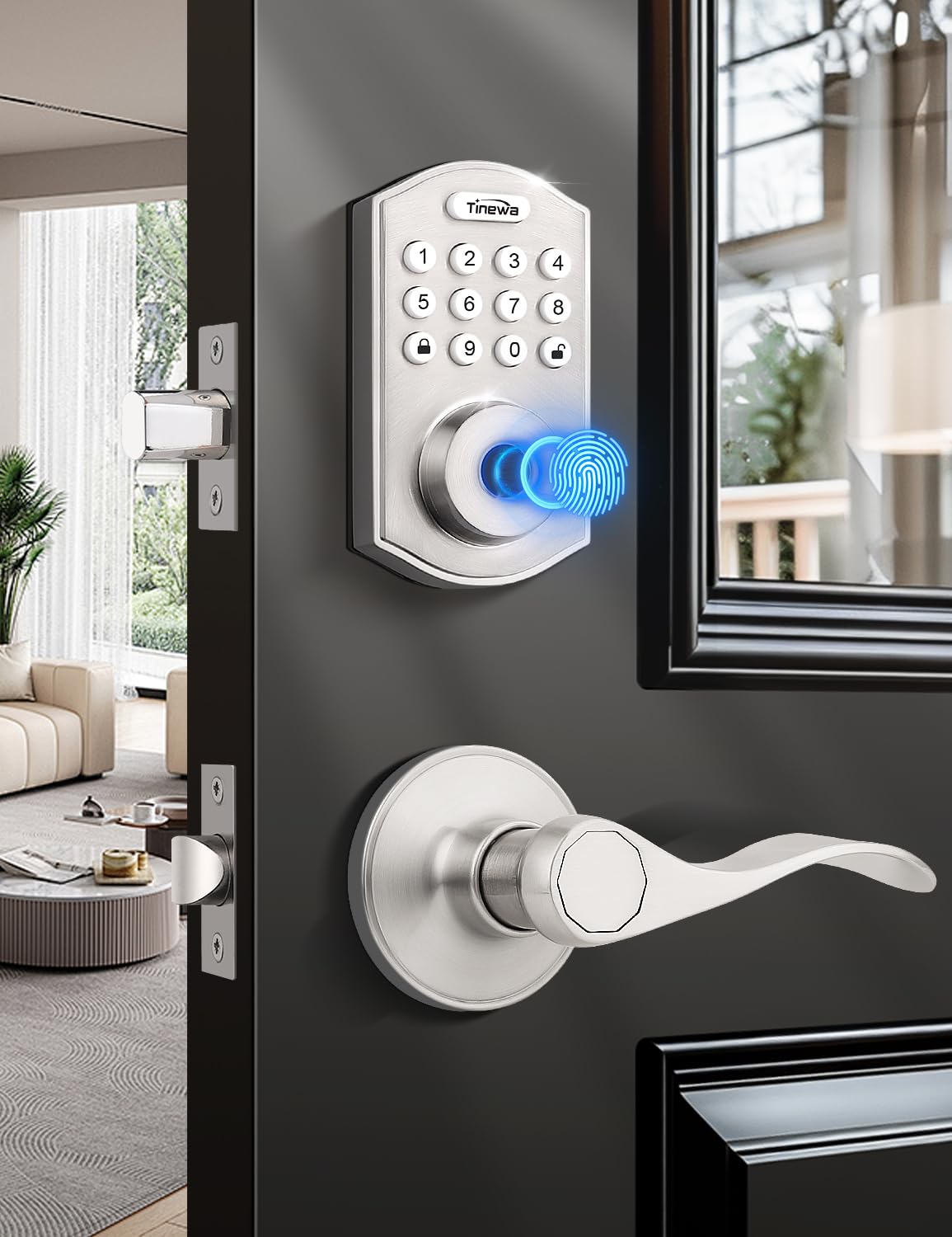 Tinewa Smart Locks for Front Door - Satin Nickel Keyless Entry Door Lock with Wave Lever Handle, Electronic Digital Keypad Deadbolt with Fingerprint, APP Control, Easy Installation, Home Security