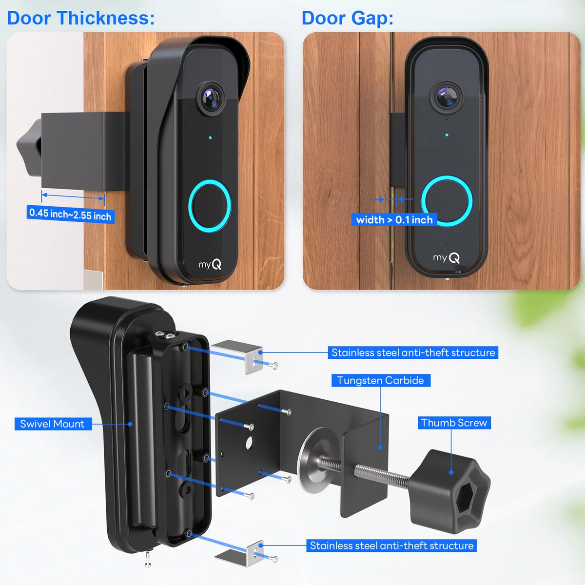 Anti-Theft Doorbell Mount for myQ Camera, Adjustable Left/Right Viewing Angle(40 to 140), Anti-Blocks Motion Sensor Mounting Bracket, Compatible with Homes, Apartments, Dorms-Black