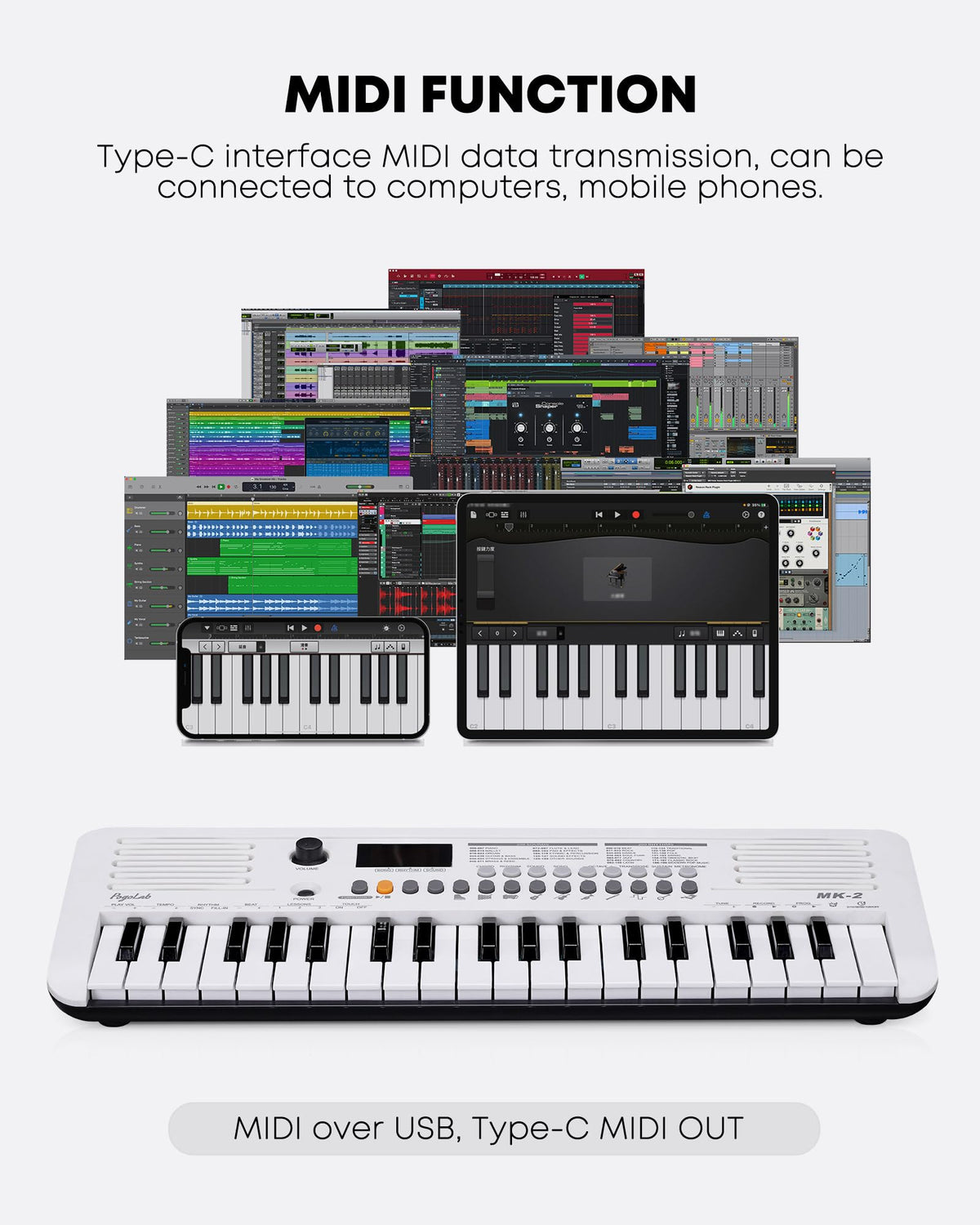 POGOLAB MK-2 37 Keys Kids Keyboard Piano, Portable Small Keyboard with 40 Songs, 200 Sounds, with MIDI Function, LED Display & Dual Speakers, Compact Mini Music Piano for Kids/Beginners (White)