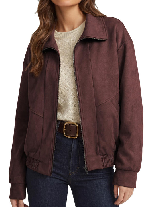 Dokotoo Winter Clothing for Women Long Sleeve Faux Suede Jackets Burgundy L
