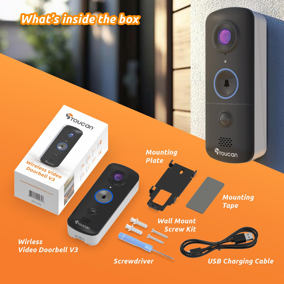 TOUCAN Wireless Video Doorbell V3D – Battery Powered Smart Doorbell Camera, HD Wide Angle, Motion Detection, 2-Way Audio, Night Vision, Easy Install, No Subscription Required, (No Chime)