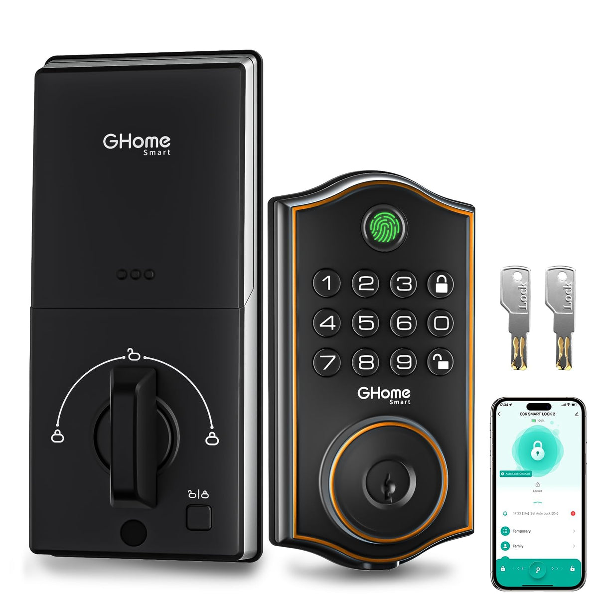 GHome Smart Fingerprint Door Lock for Front Door, 1.0s Unlock AI Self-Learning Keyless Entry Deadbolt with App Control, Keypad, Auto Lock, Digital Code Smart Lock for Home, Airbnb, Apartment, Garage