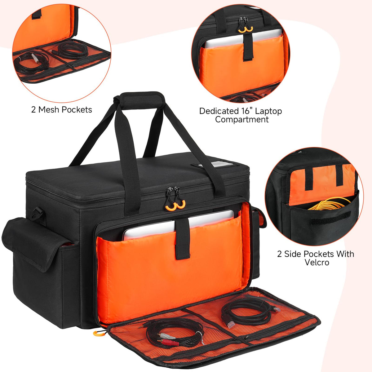 Large DJ Cable Bag with Removable Dividers & Bottom Pad, Multi-Pocket