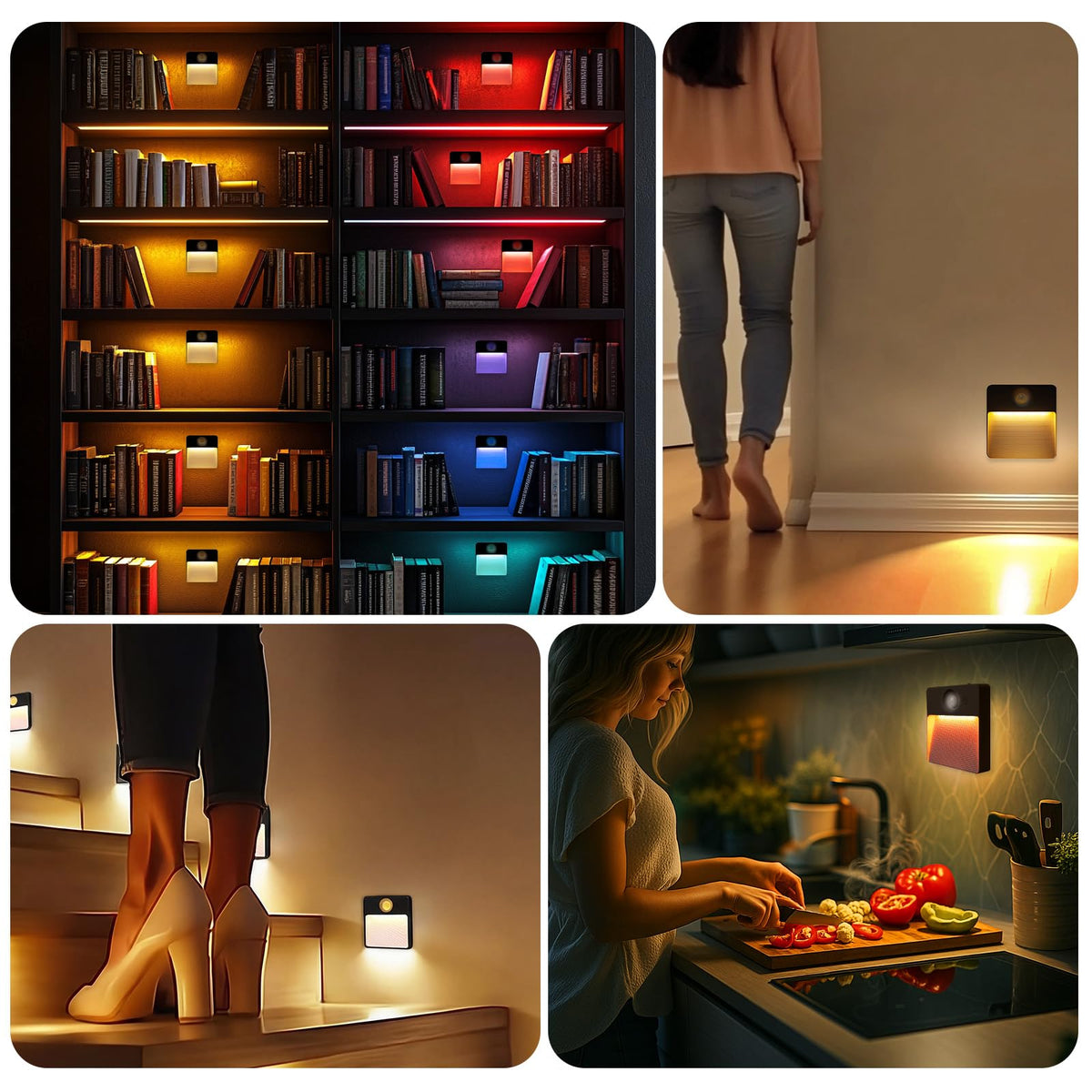 Guankai 3 Pack Motion Sensor Stair Light for Indoor, Rechargeable Battery Operated Night Lights, RGBW Stick On Closet Lamp, Motion Activated Magnetic Lighting Lamps for Step, Cabinet,Hallway,Bathroom