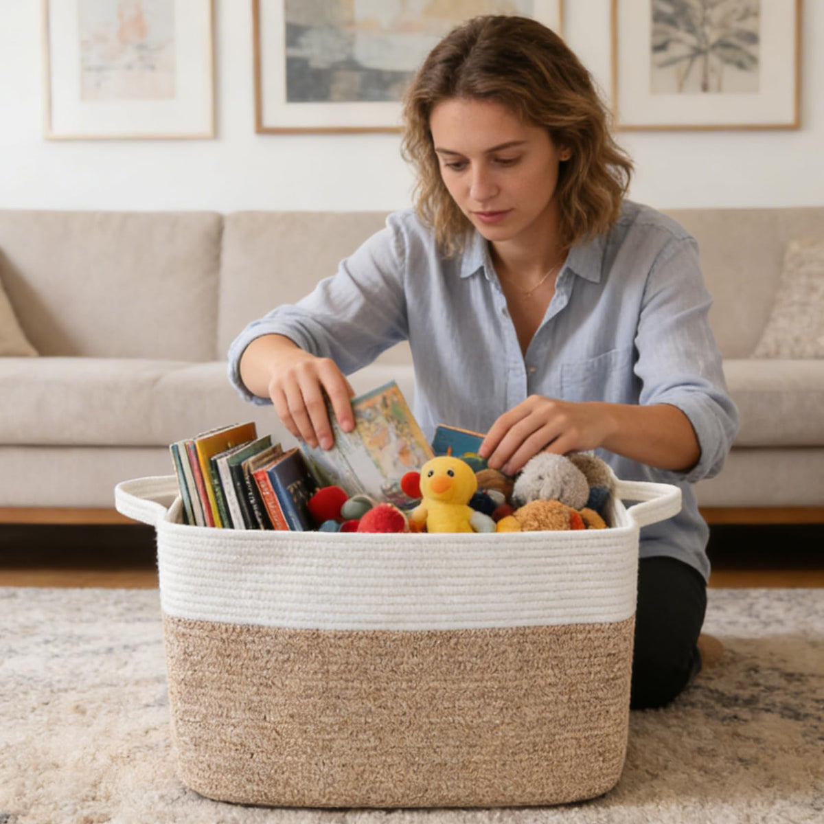 HZFTJOY 65L Laundry Basket with Handles, Woven Blanket Basket, White/Brown