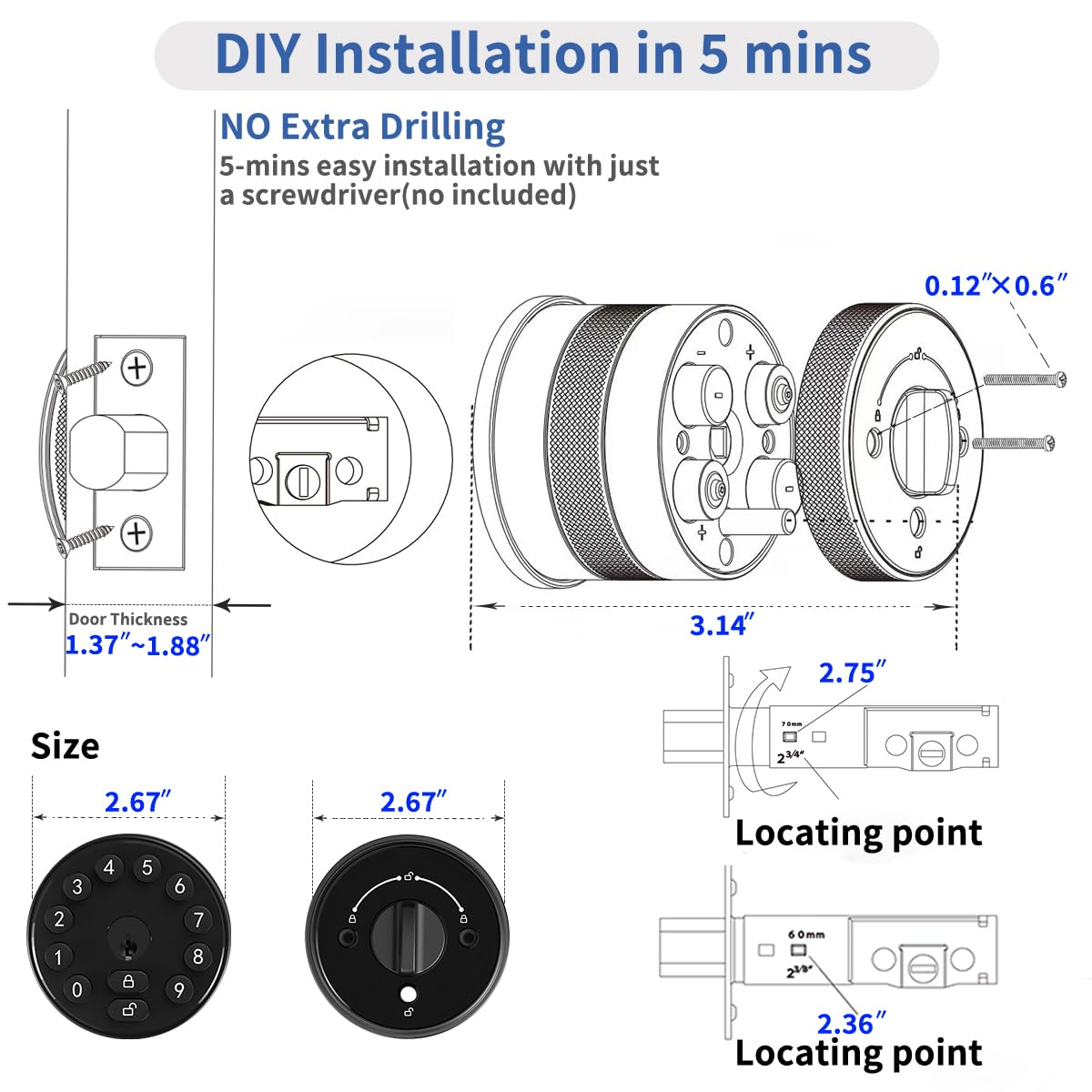 Buoan Keyless Entry Door Knob with Keypad, Electronic Deadbolt Door Lock